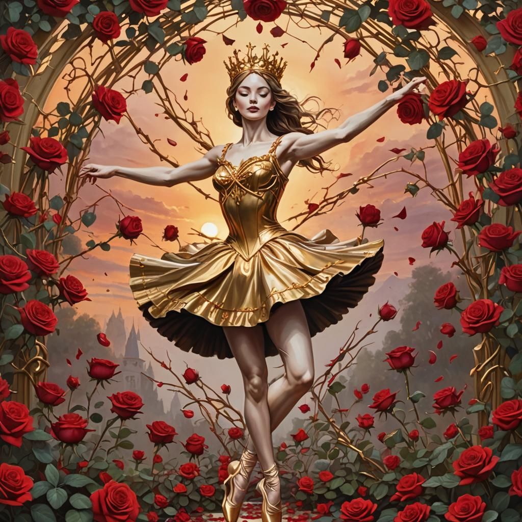 Golden Ballerina Dancing in Bleeding Rose Garden