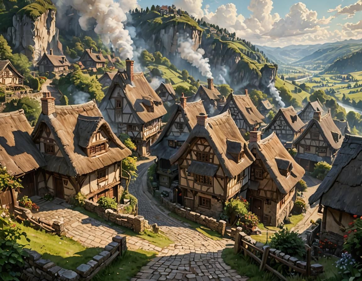 Rustic Village Scene as Acrylic Painting