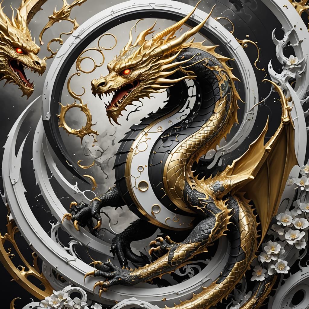 Futuristic Golden Dragon Biohacker with Yin Yang Goatee