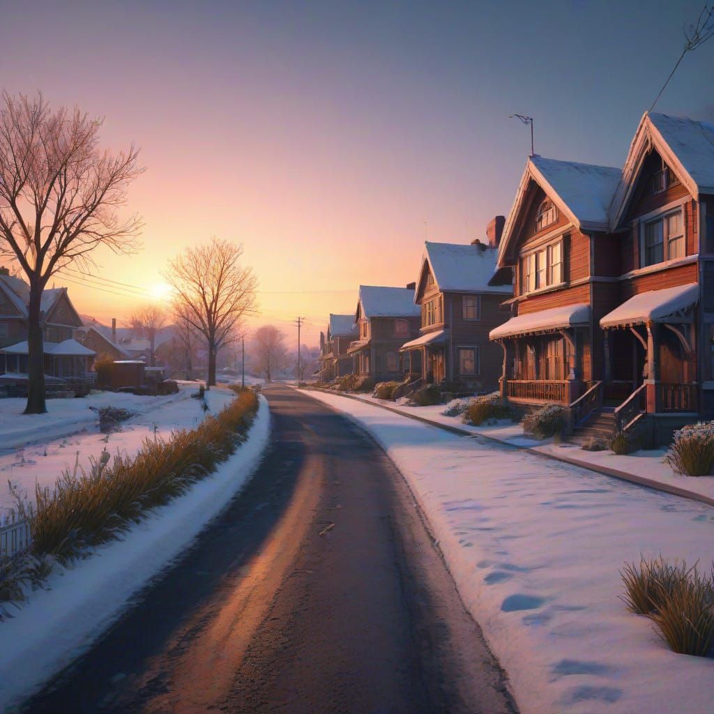 Dreamy Snowy Street Scene at Sunset in Vibrant Colorful Styl...