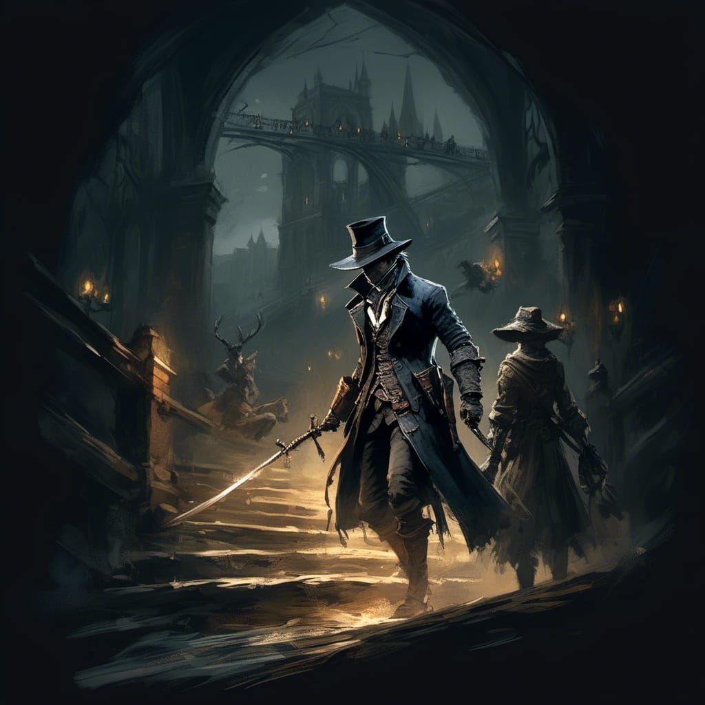 Bloodborne Hunter Duel on Yharnam Bridge