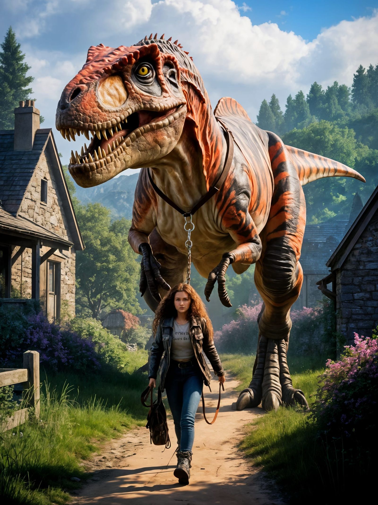 Girl Walking Raptor in Quaint Village