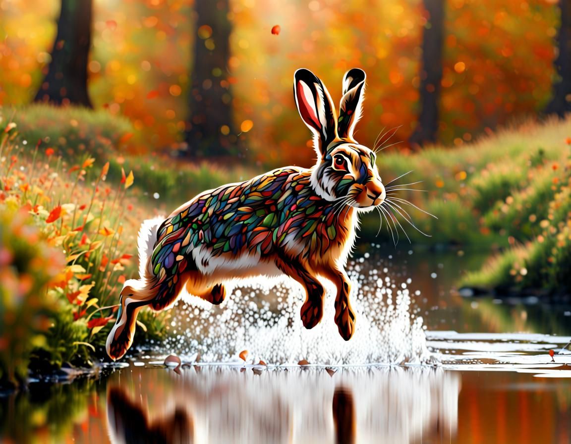 Hare Leaping Over Stream in Autumn