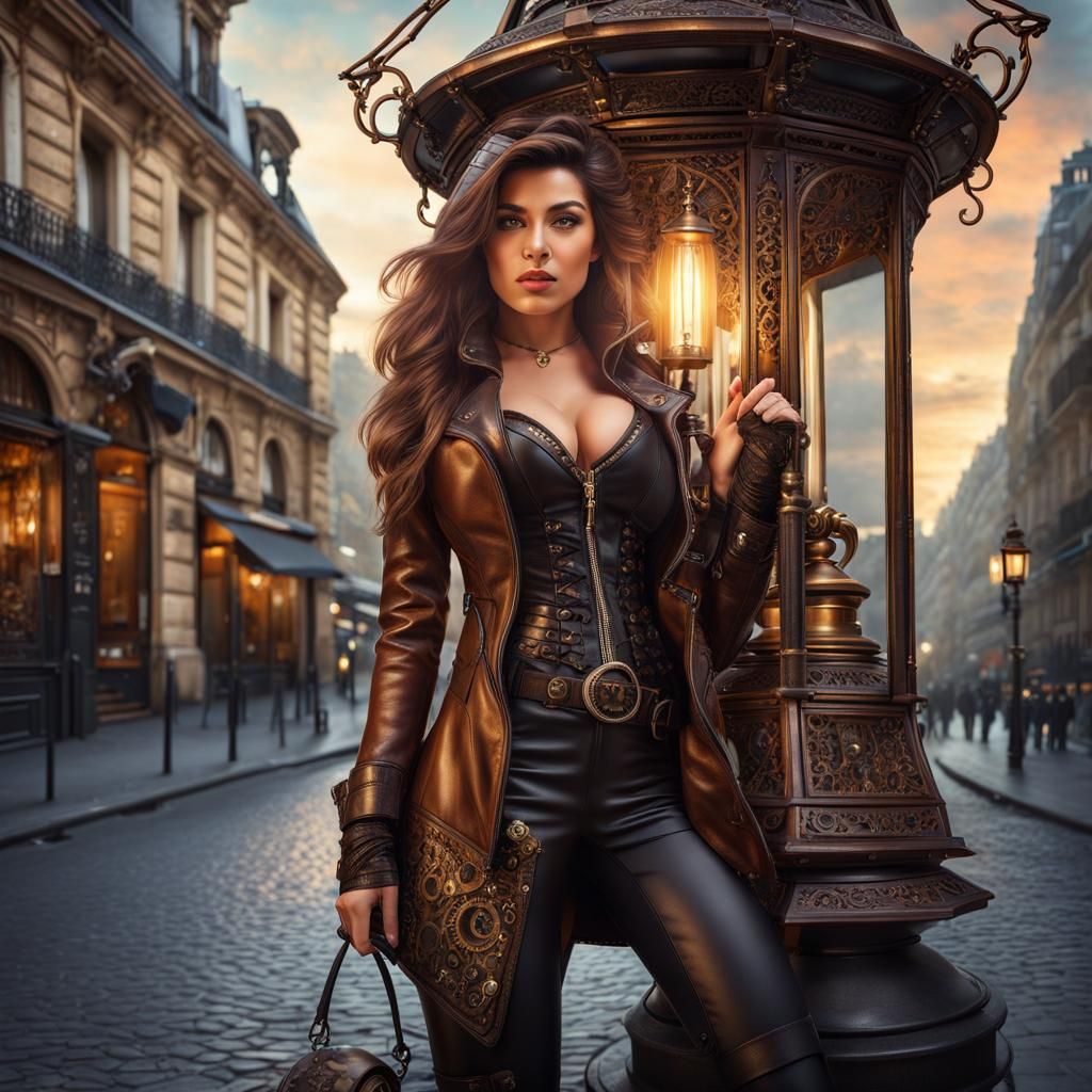 Steampunk Woman at Paris Street Lantern