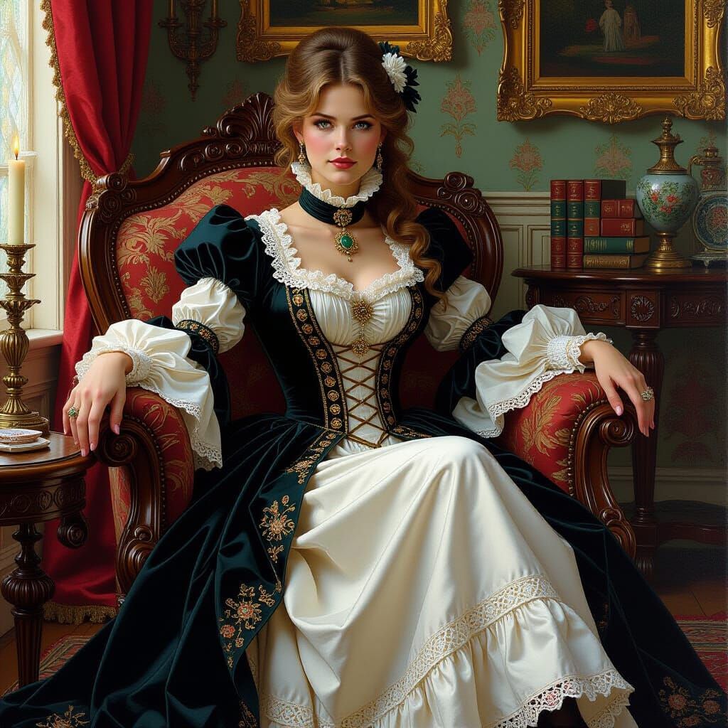 Victorian Rogue in Ornate Parlor, Pre-Raphaelite Style