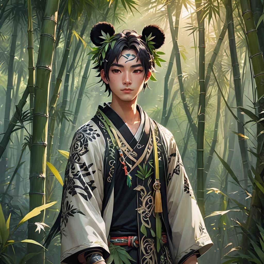 Panda-Eared Youth in Bamboo Forest: Anime 3D Art