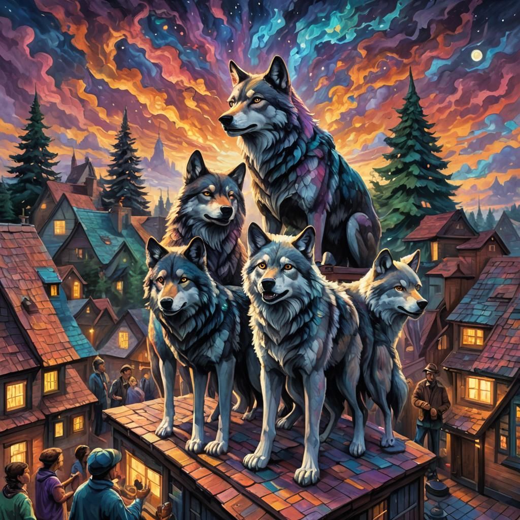 Wolf-Human Party on a Rooftop in Expressionist Style