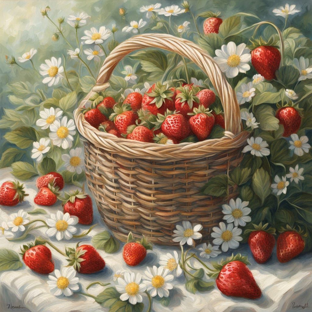 Botanical Illustration of Strawberries and Wildflowers in So...