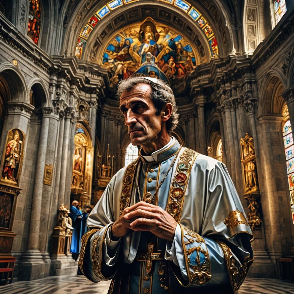 Hyperrealistic Alain Prost as Pope in Ornate Cathedral