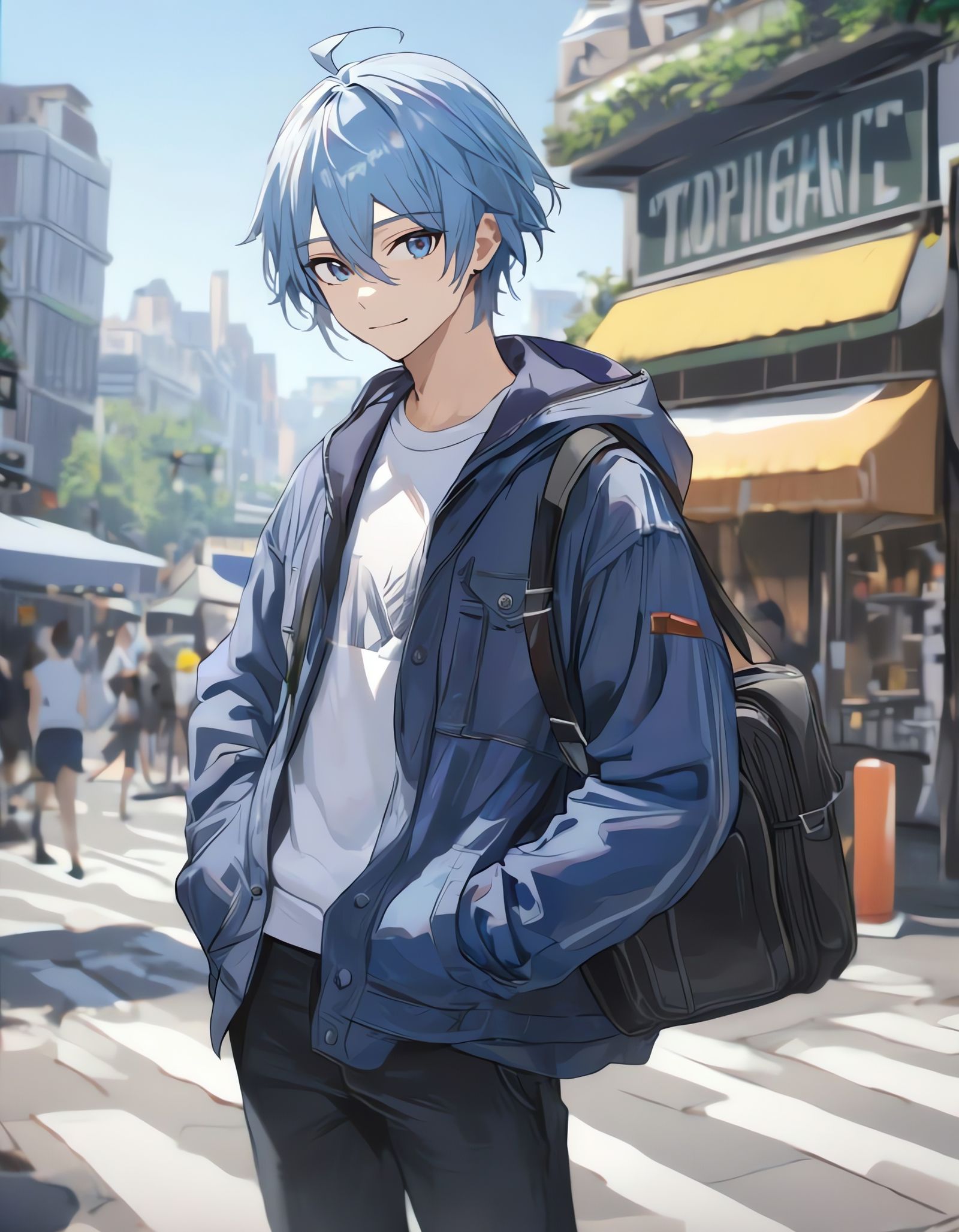 Cowboy Shot of Young Man in Blue Jacket Outdoors