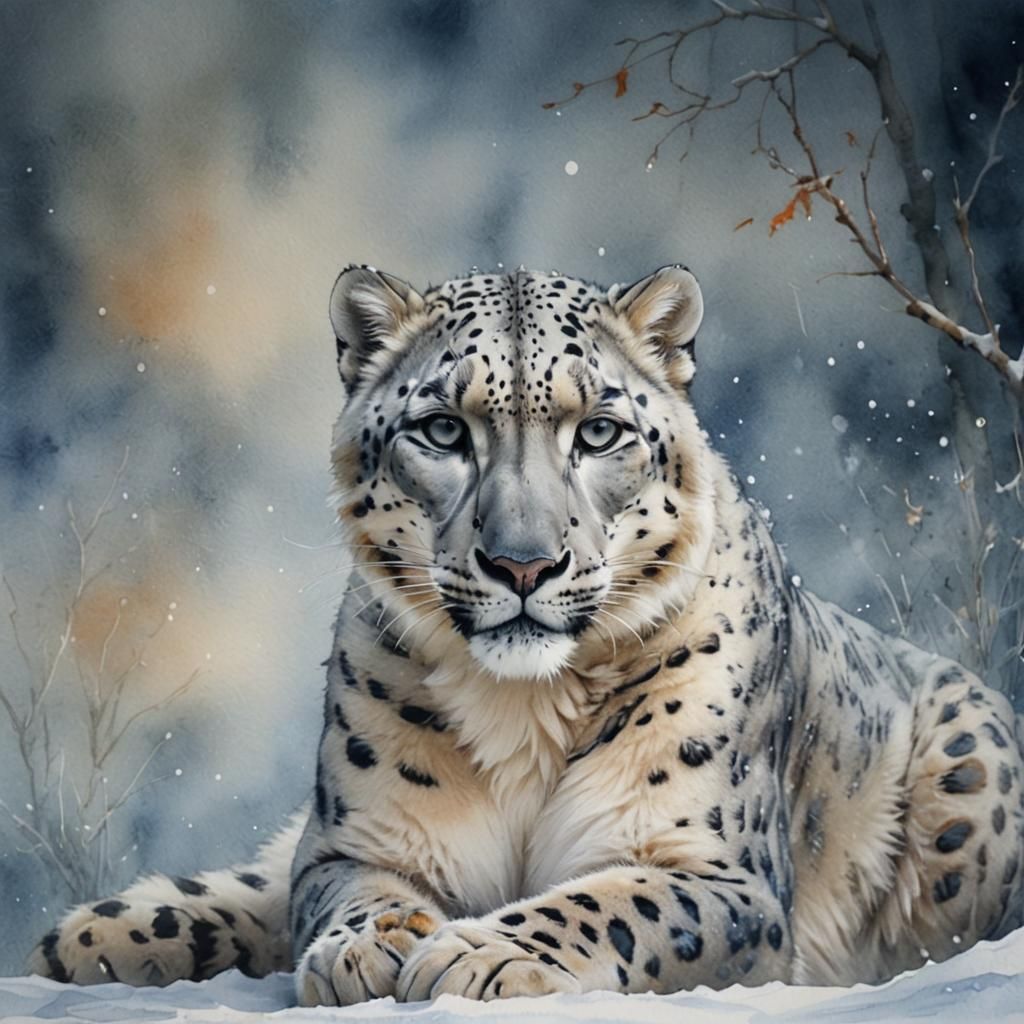 Regal Snow Leopard in Watercolor Style