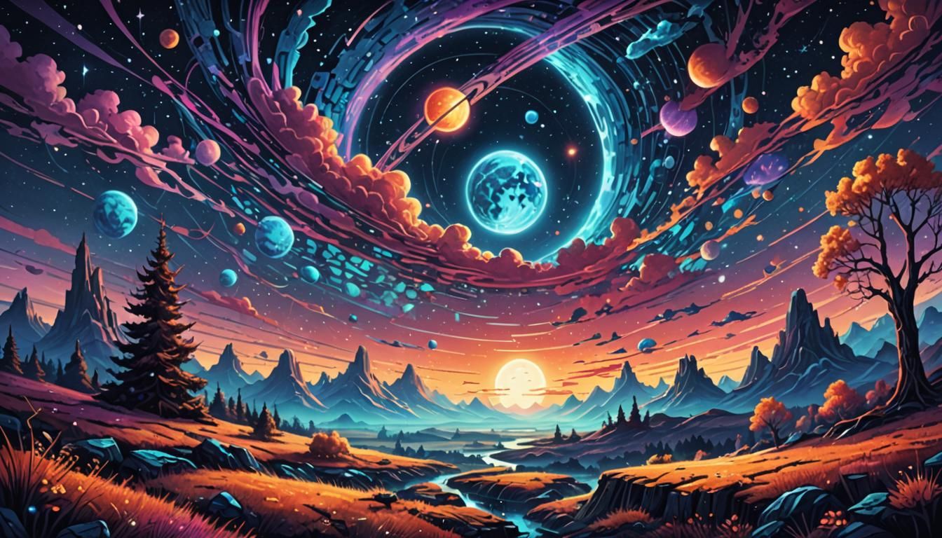 Plaid Cosmic Landscape in Digital Painting Style
