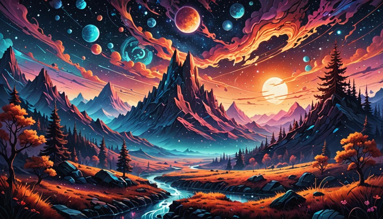 Cosmic Plaid Landscape in Surrealist Style