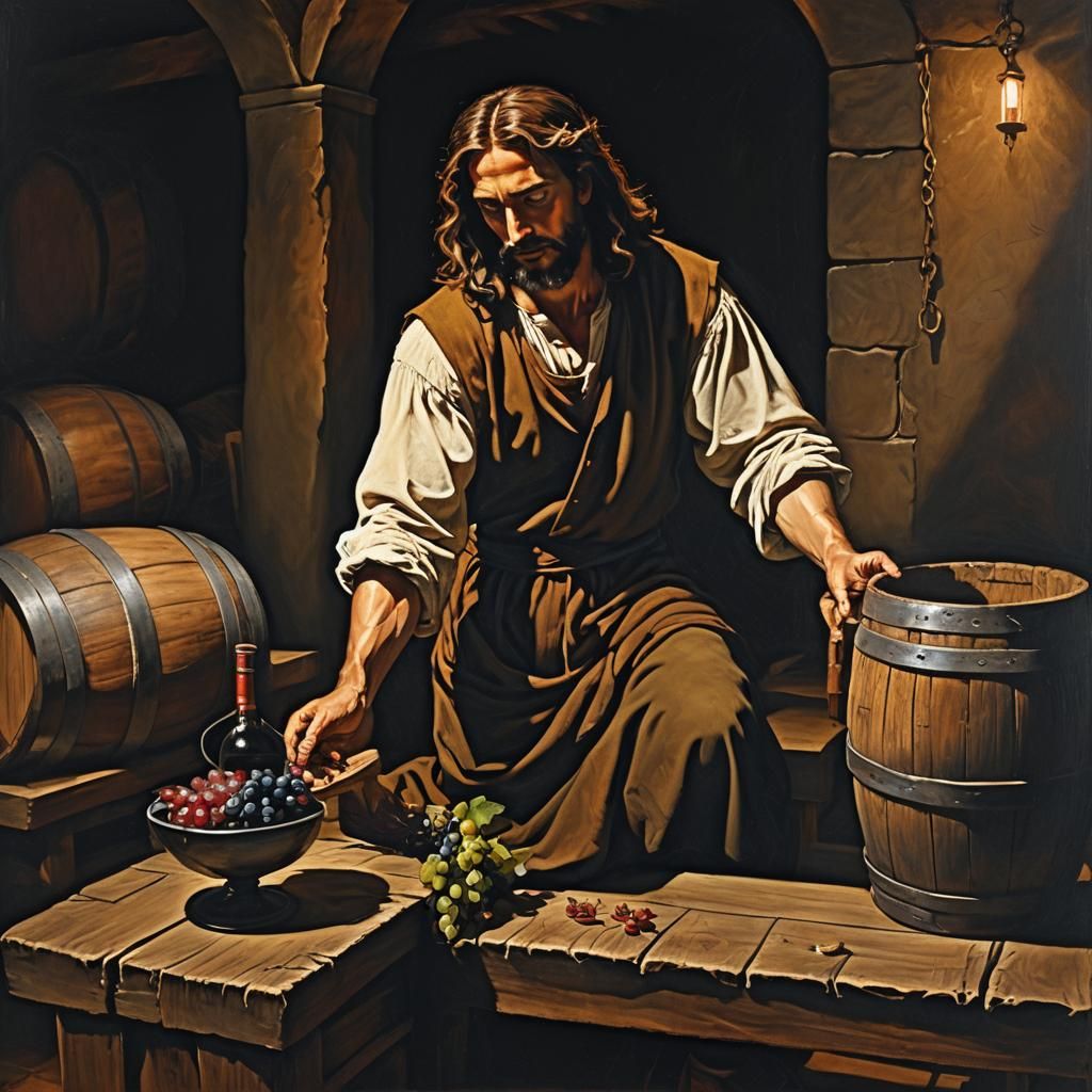 Jesus Treading Wine Press: Baroque Chiaroscuro Painting