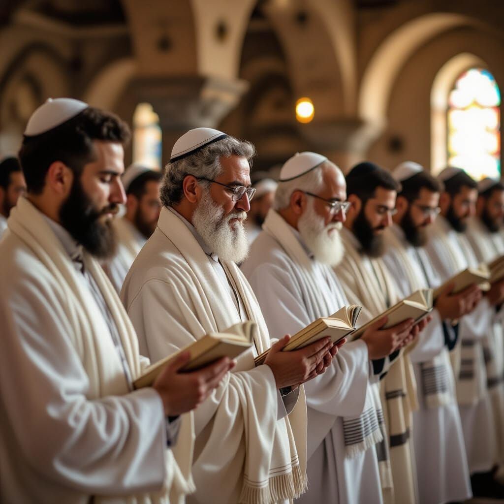 Men Praying in Traditional Jewish Attire in Dimly Lit Synago...