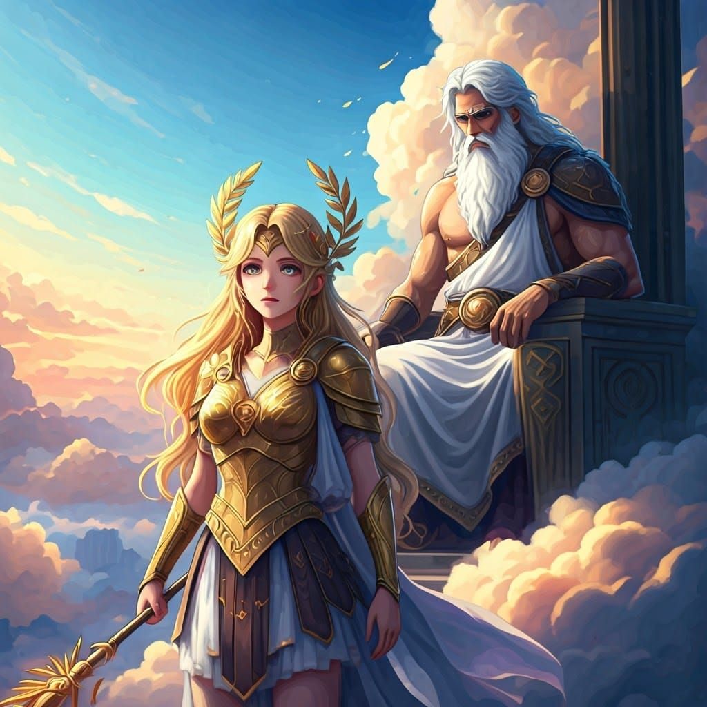 Athena on Mount Olympus in Anime Style