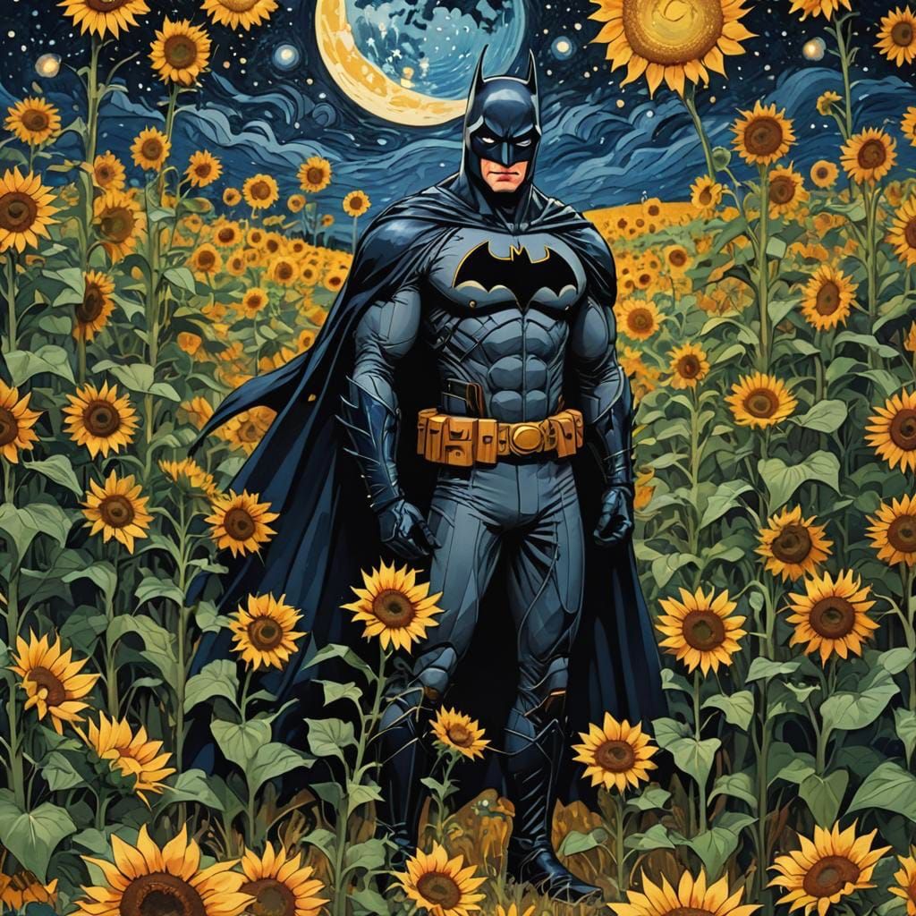 Batman in Sunflower Field Under Night Sky