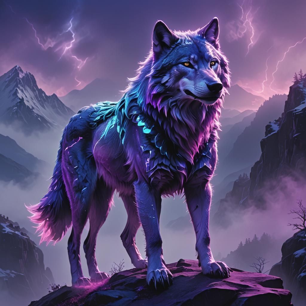 Neon Spirit Wolf on Misty Mountain in Digital Art