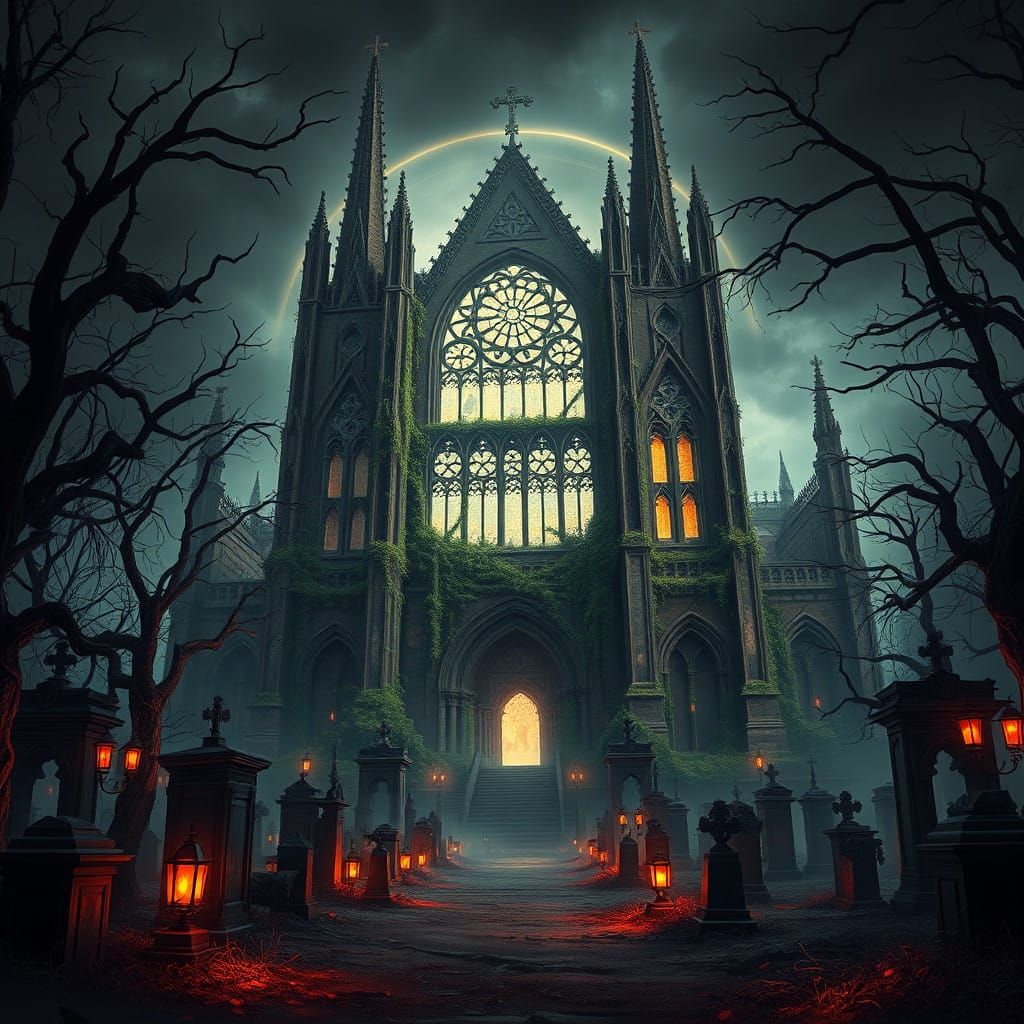 Ancient Ruined Cathedral Amidst Stormy Graveyard