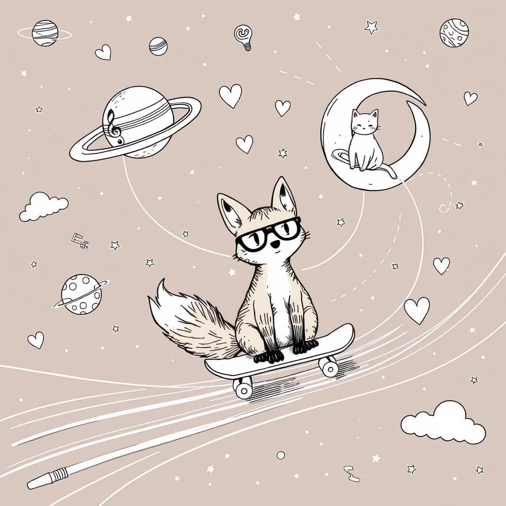 Fox on Skateboard in Whimsical Starry Scene