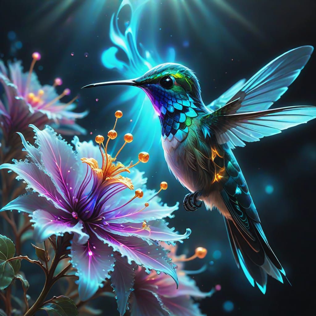 Bioluminescent Hummingbird and Fractal Flower in Oil Paint