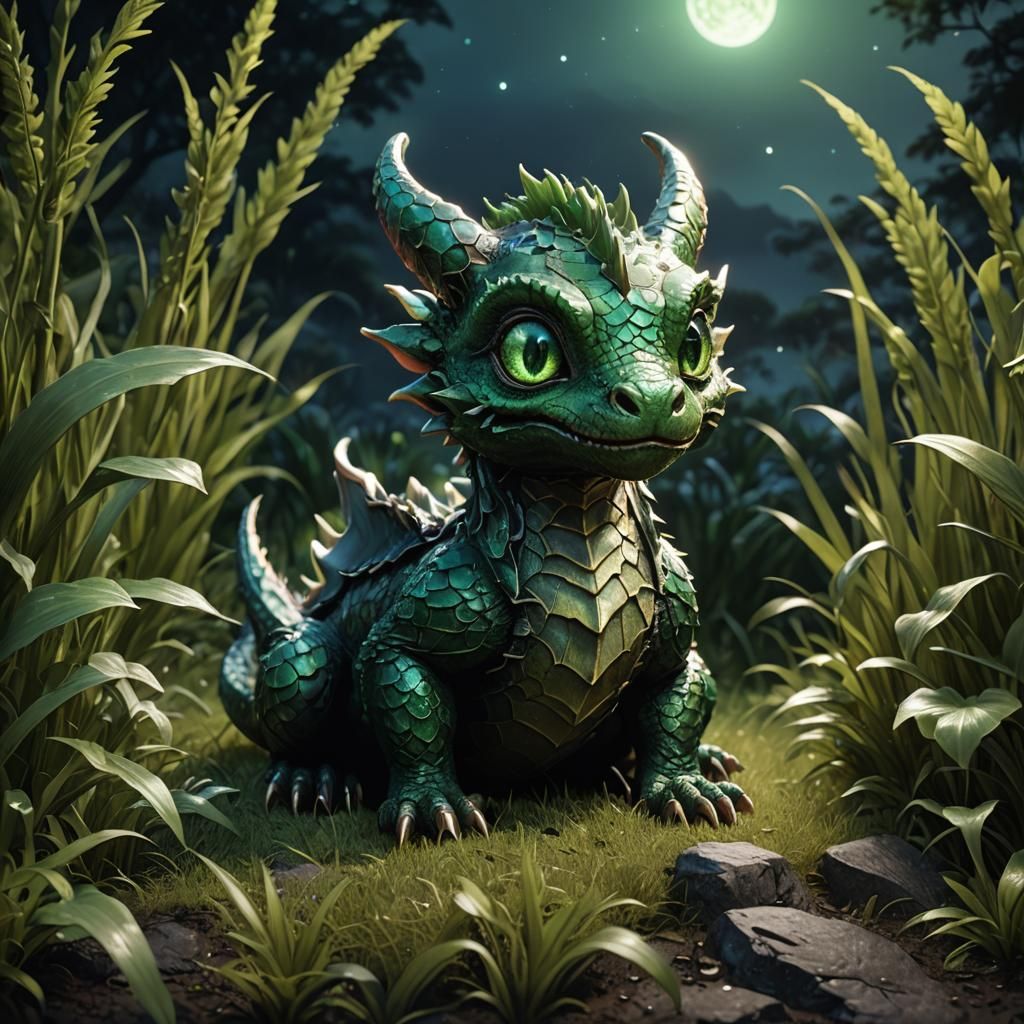 Baby Dragon in Dark Fantasy Landscape, Detailed Digital Art