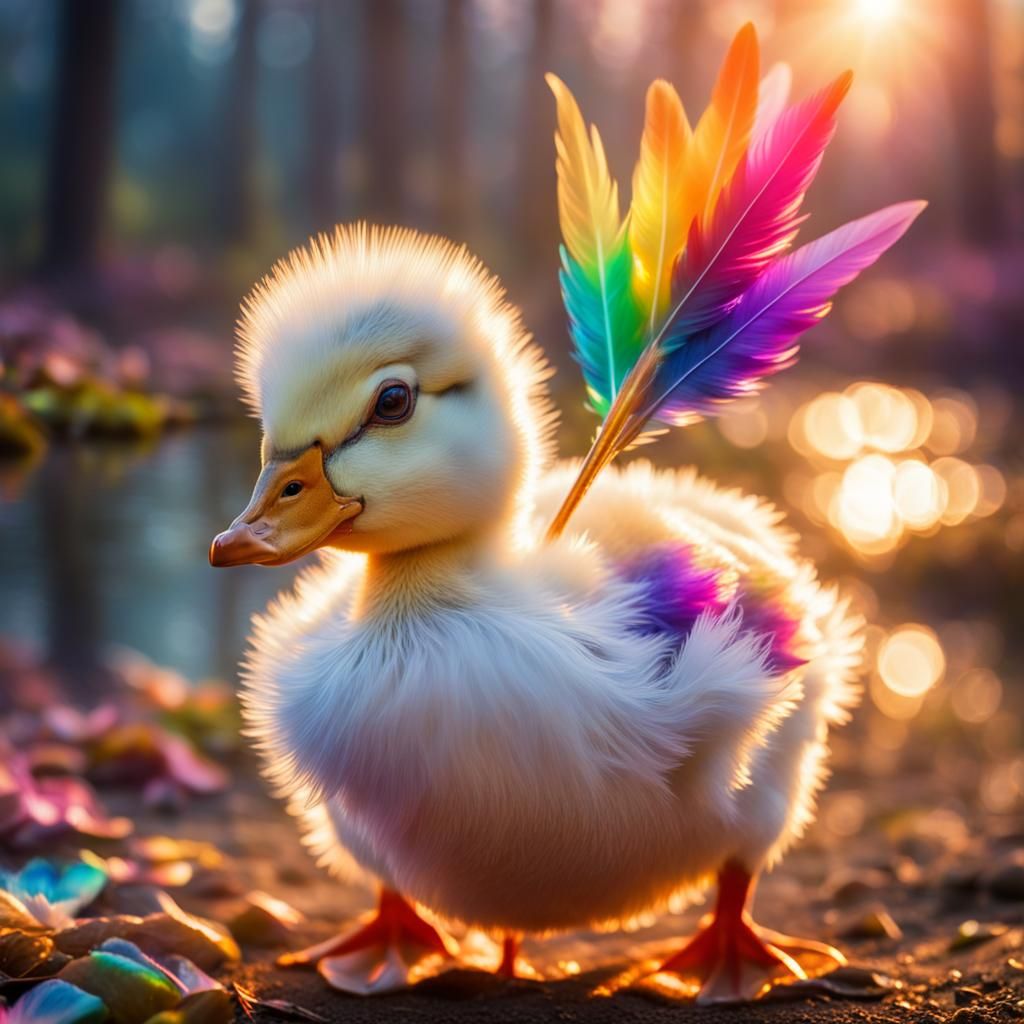 Duck-Unicorn Hybrid with Rainbow Feathers in Hand