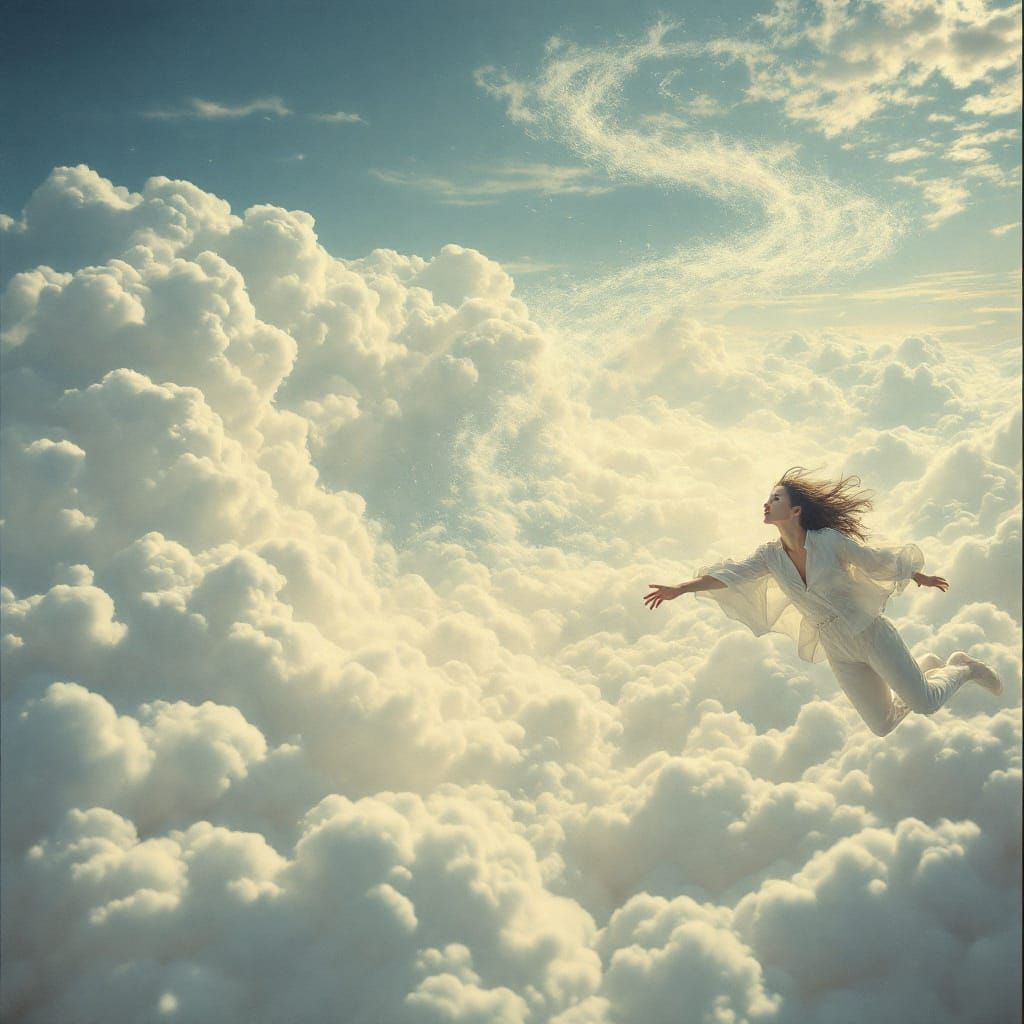 Falling Through Clouds in Dreamlike Golden Light