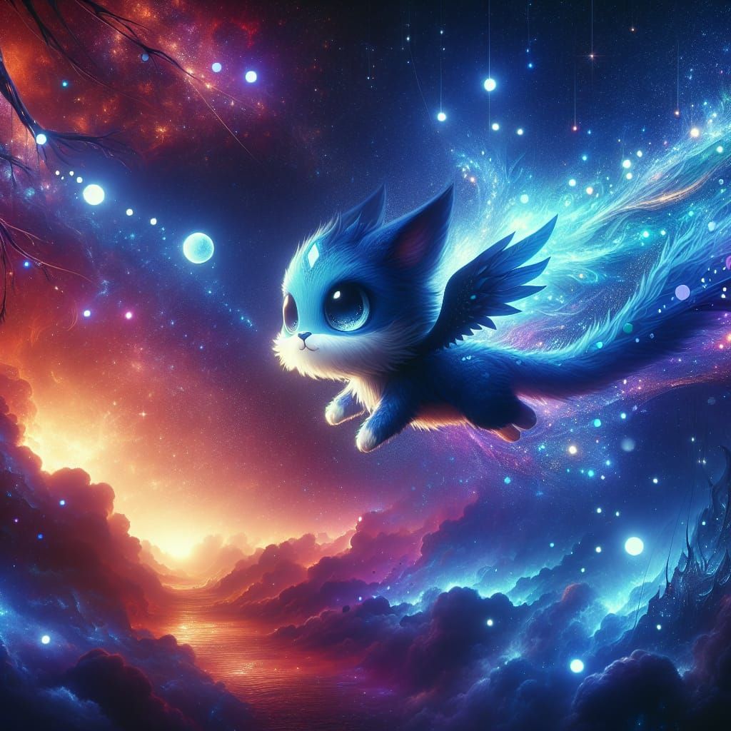 Cosmic Blue Dragon Cat Soars Through the Night Sky in Vibran...