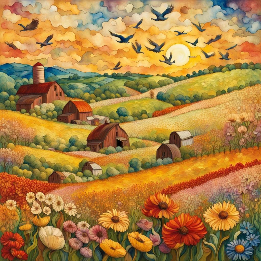 Encaustic Summer Flower Field Landscape