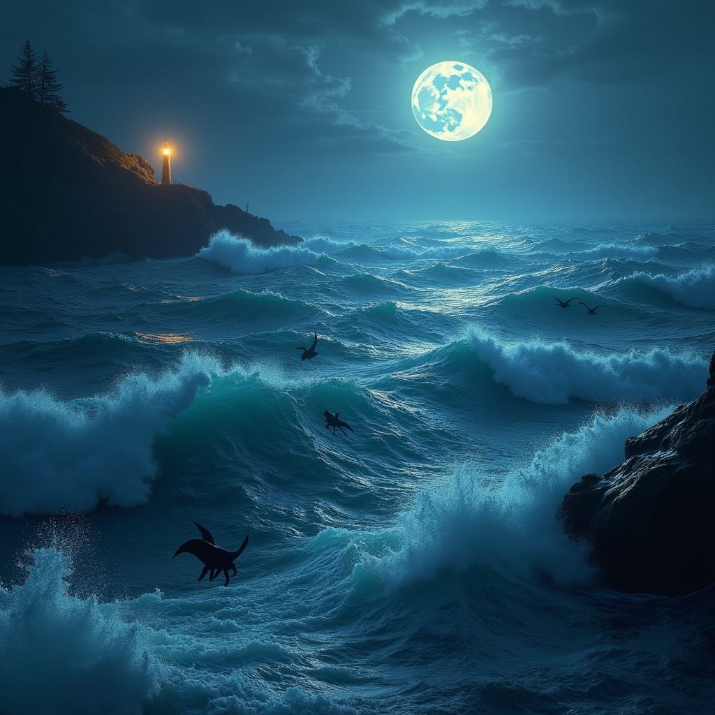 Sentient Ocean Waves Under Moonlight