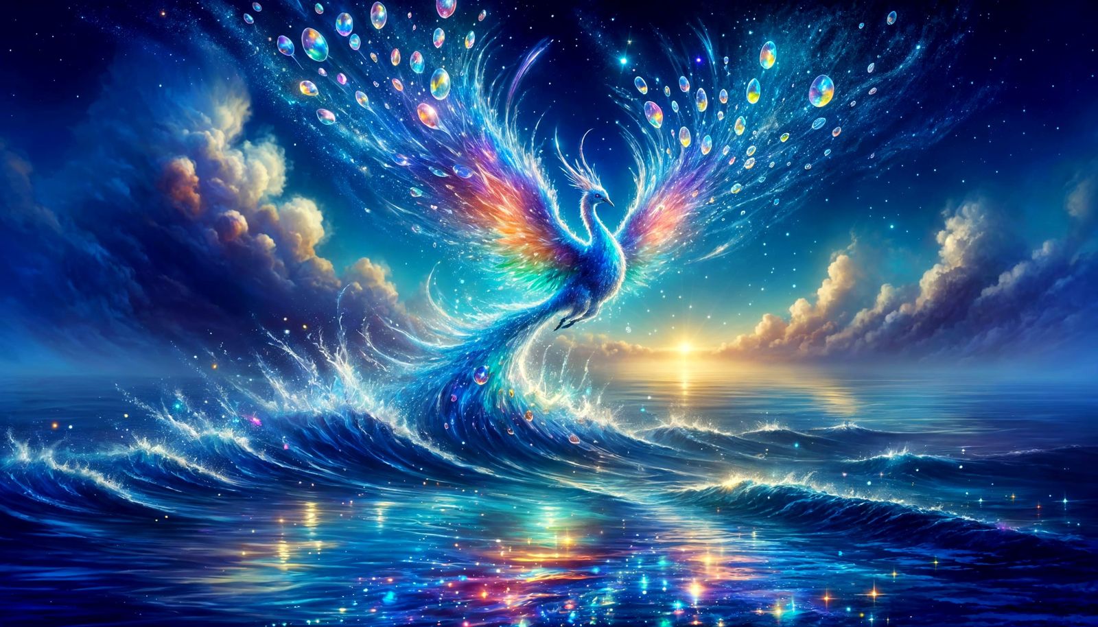 Iridescent Bird Rising from Crystalline Sea at Twilight