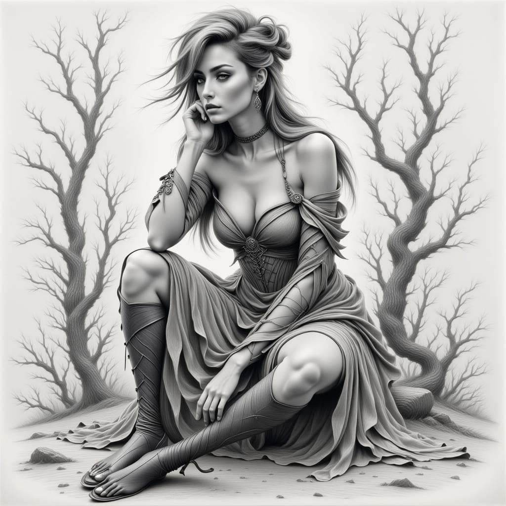 Contemplative Woman in Charcoal and Pencil Style