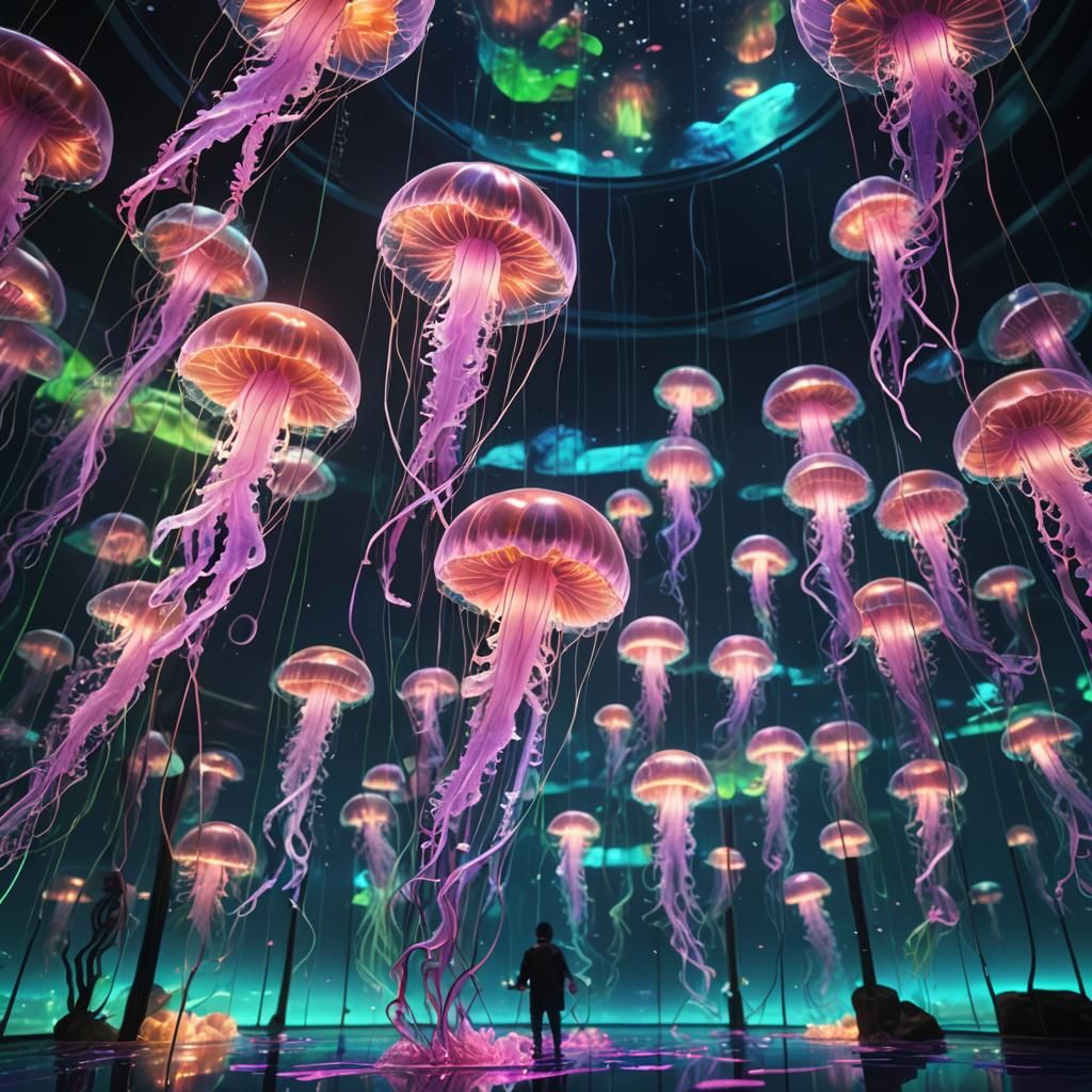 Neon Jellyfish Under Glass: Cyberpunk Digital Painting