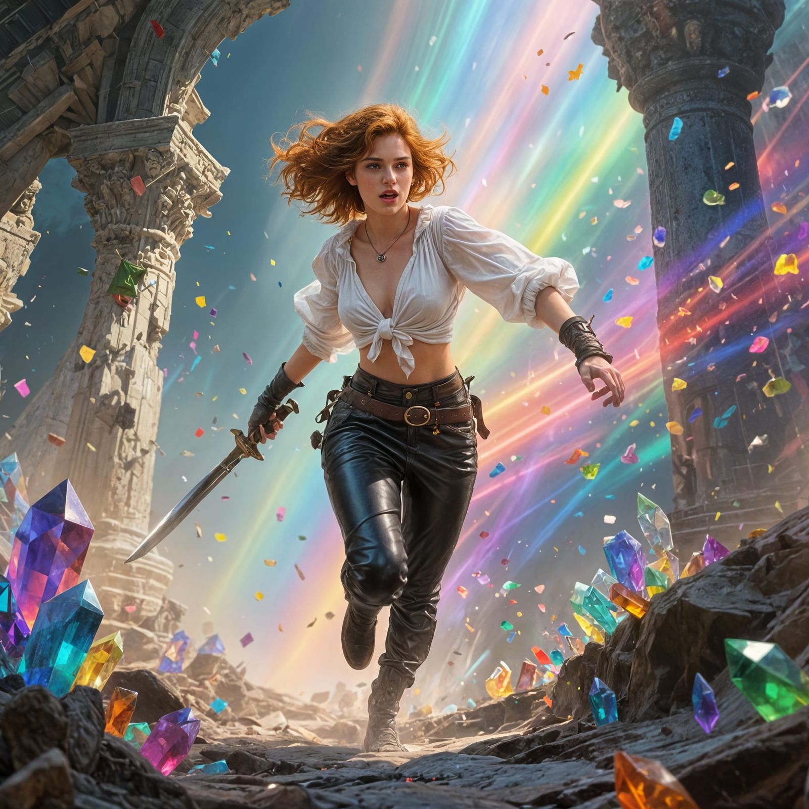 Adventuress in Crystal Temple, Detailed Matte Painting