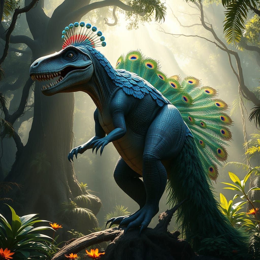 Cyberpunk Dinosaur Hybrid in Ancient Jungle