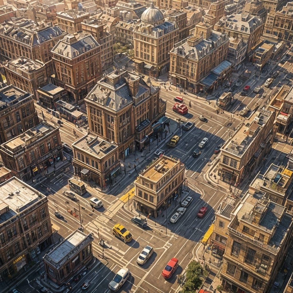 Hyperrealistic Tilt-Shift Aerial View of Steampunk City