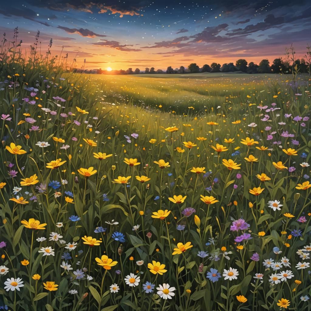 Fireflies Dance Over Wildflowers at Sunset