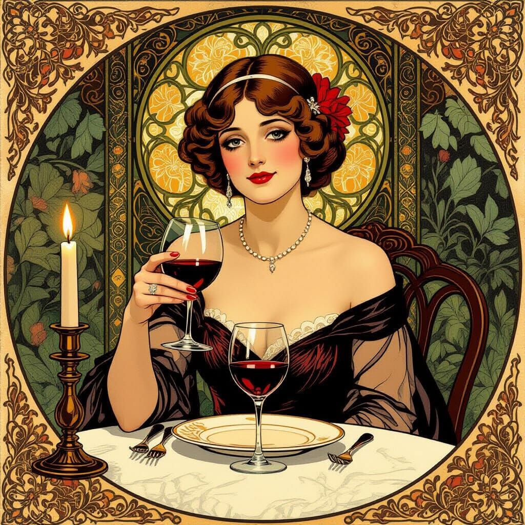 Elegant Woman with Wine in Art Nouveau Style