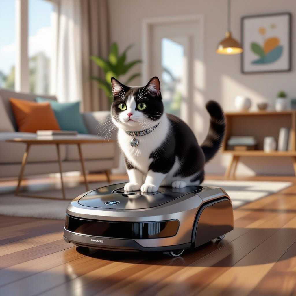 Tuxedo Cat Rides Robotic Vacuum in Modern Apartment
