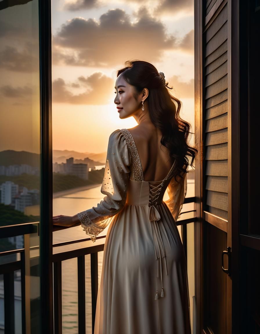 Renaissance-Style Portrait of Woman on Balcony at Sunset