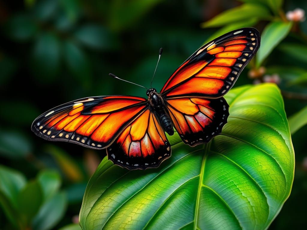 Vibrant Butterfly Perched on a Lush Green Leaf in Hyper-Real...