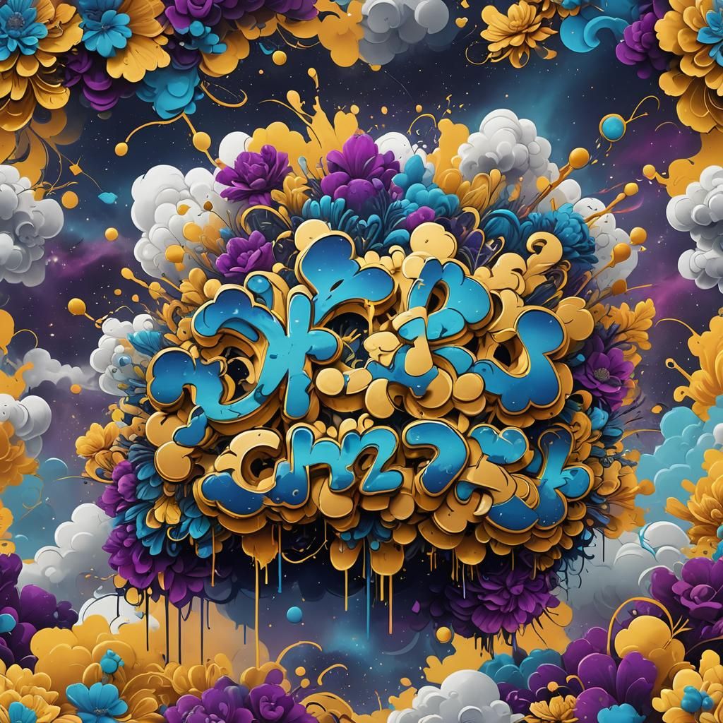 Graffiti Art: Golden Bee Galaxy Flower on Purple Clouds