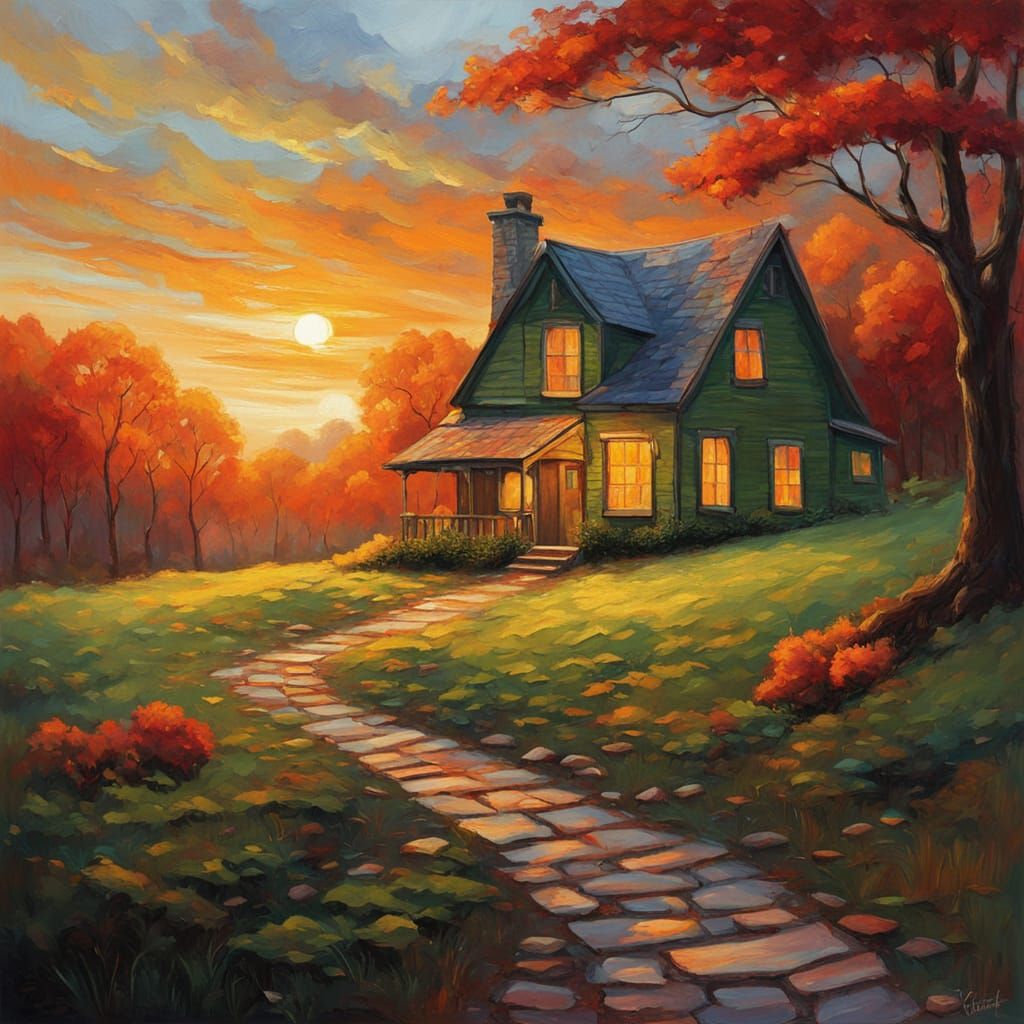 Sunset Oil Painting of Forest Cottage with Winding Path