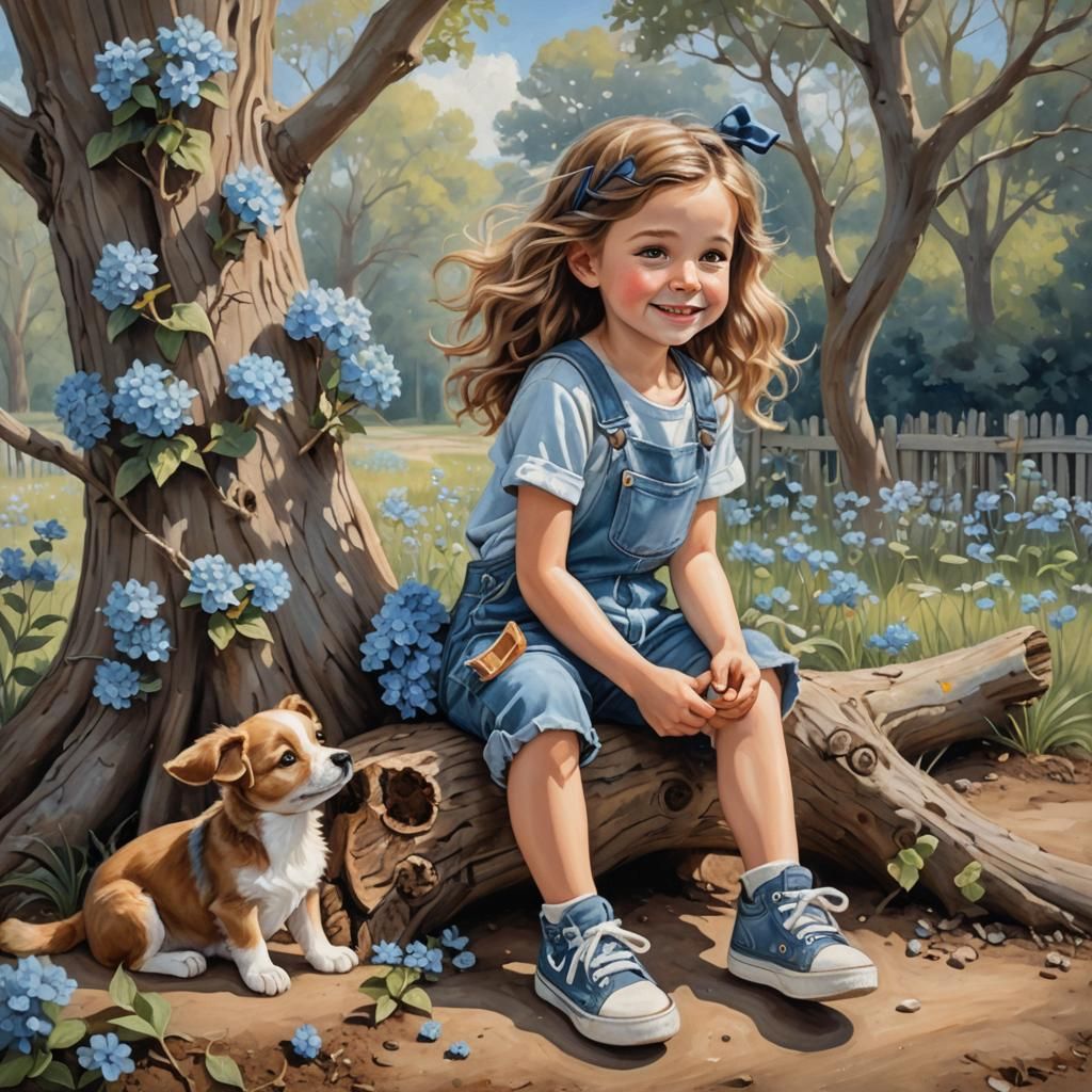 Girl and Puppy: Whimsical Oil Painting