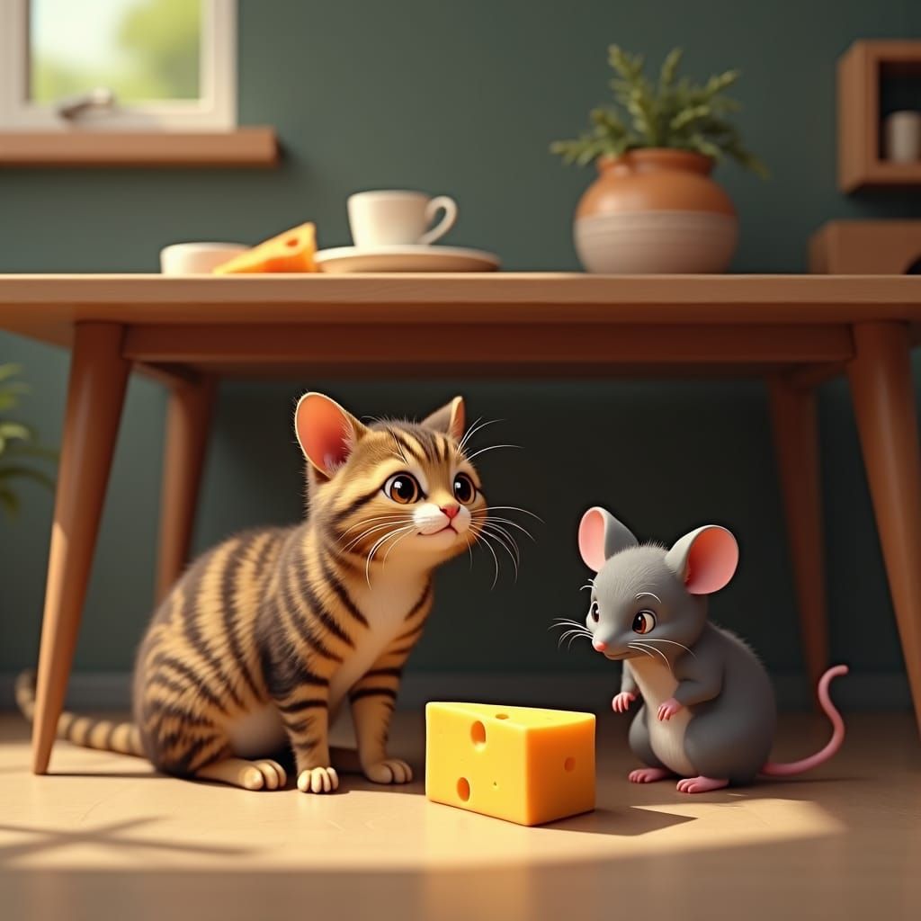 Cat and Mouse in Cozy Dining Room