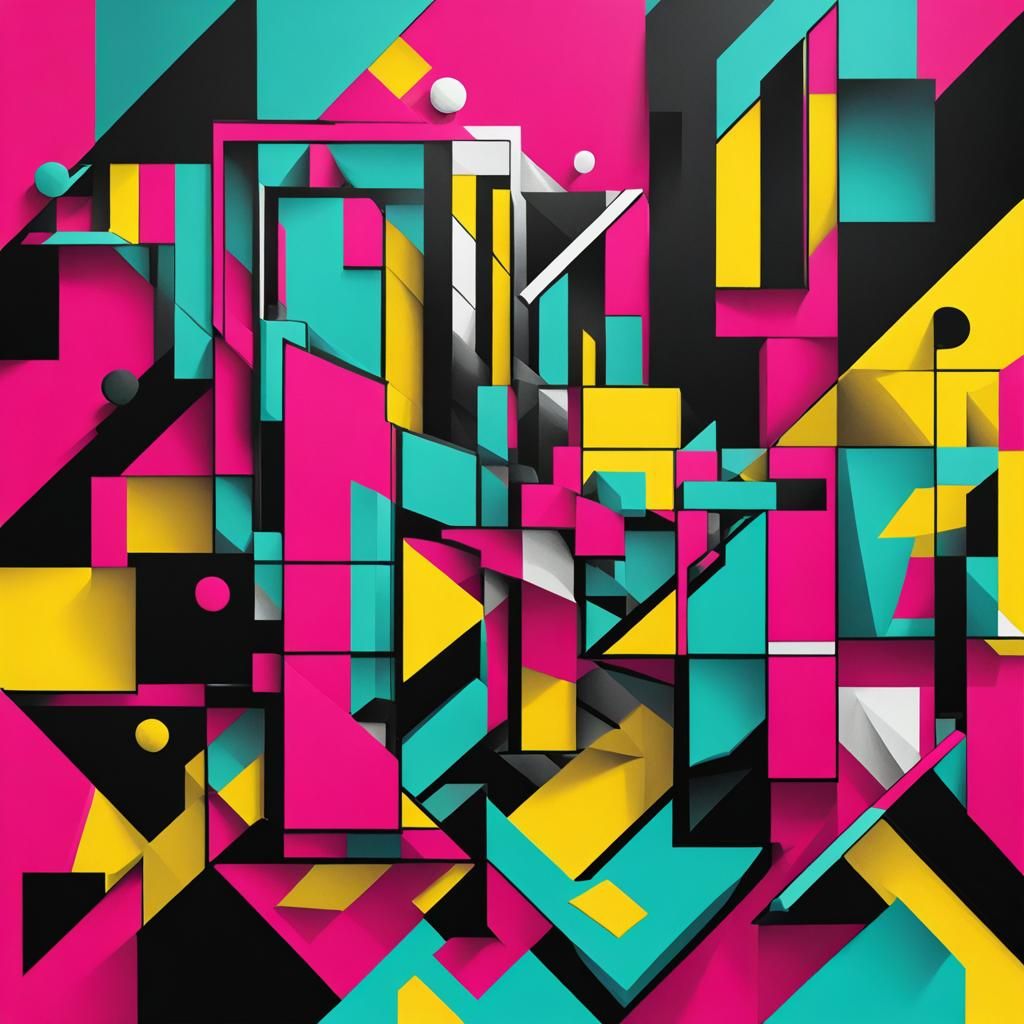 Geometric Cubist Painting in Cyan, Magenta, Yellow, Black