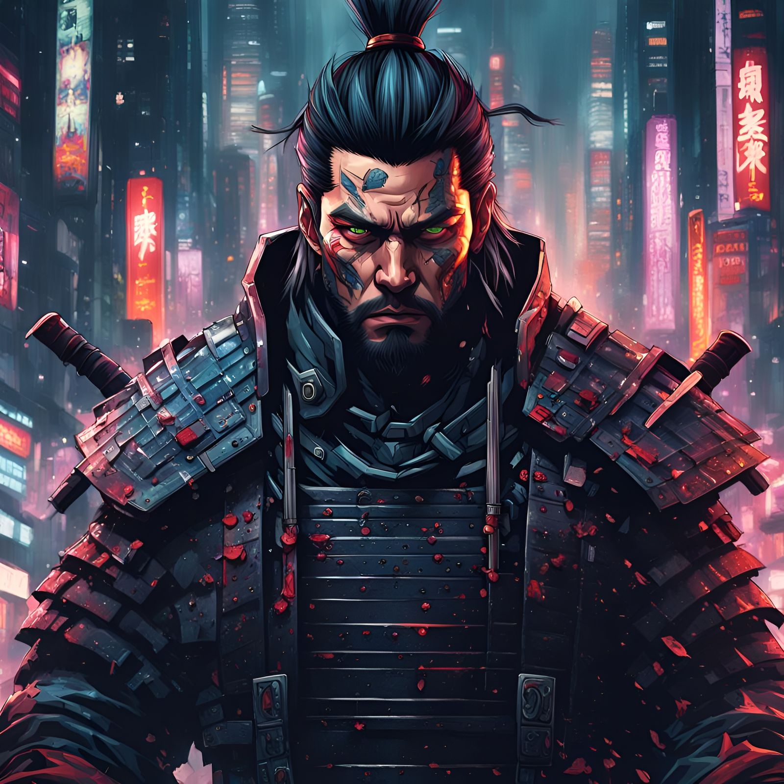 digital wallpaper portrait of brutal cyberpunk samurai, anim...