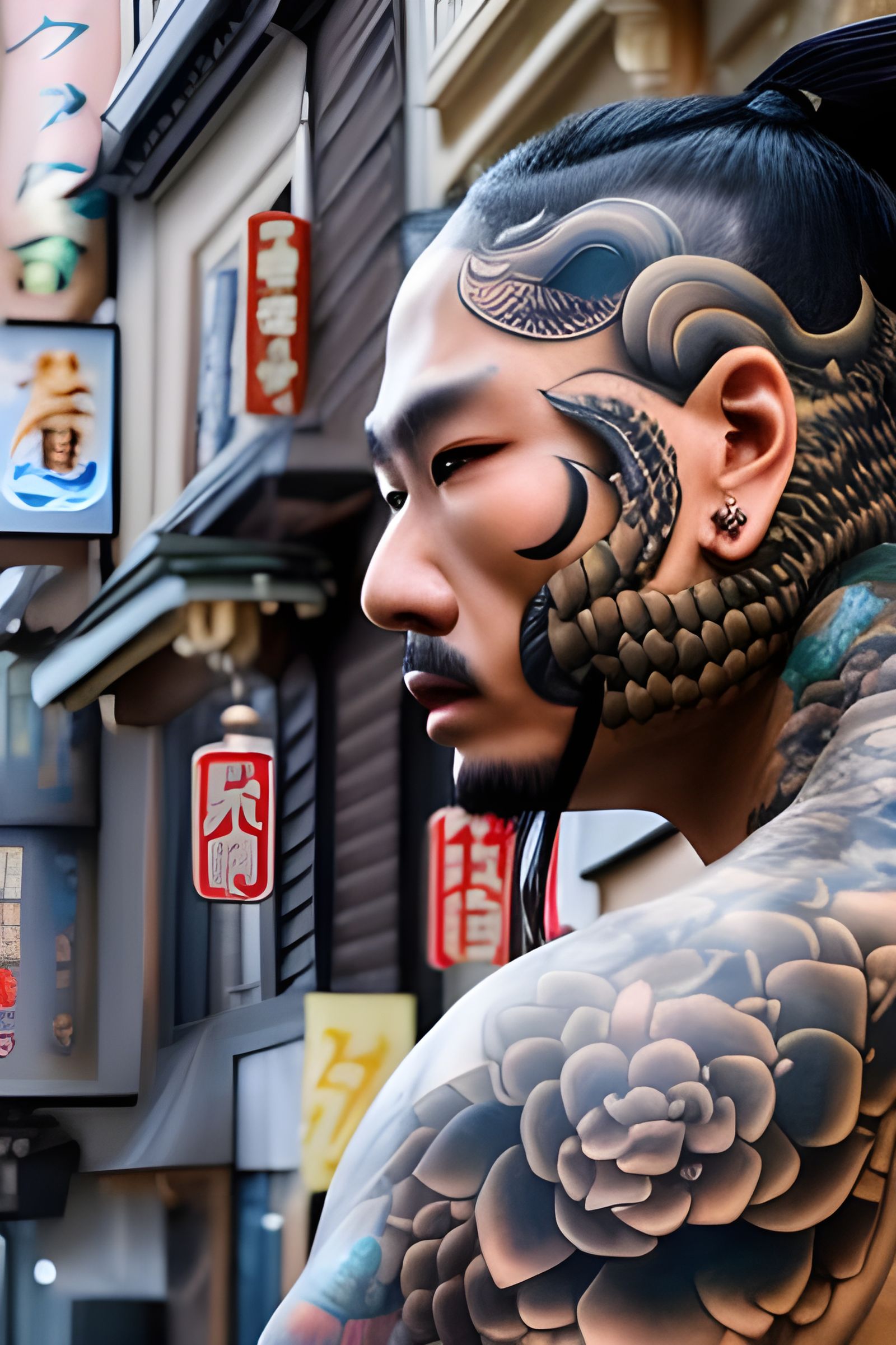 Dragon Tattooed Man in Japanese Street: Hyperrealistic Portr...