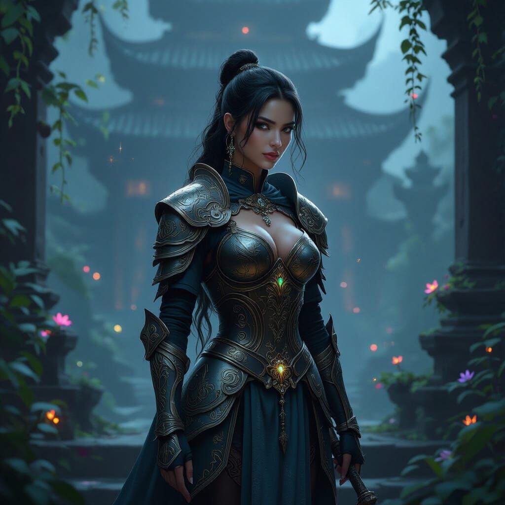 Warrior Woman in Ornate Armor at Ancient Temple